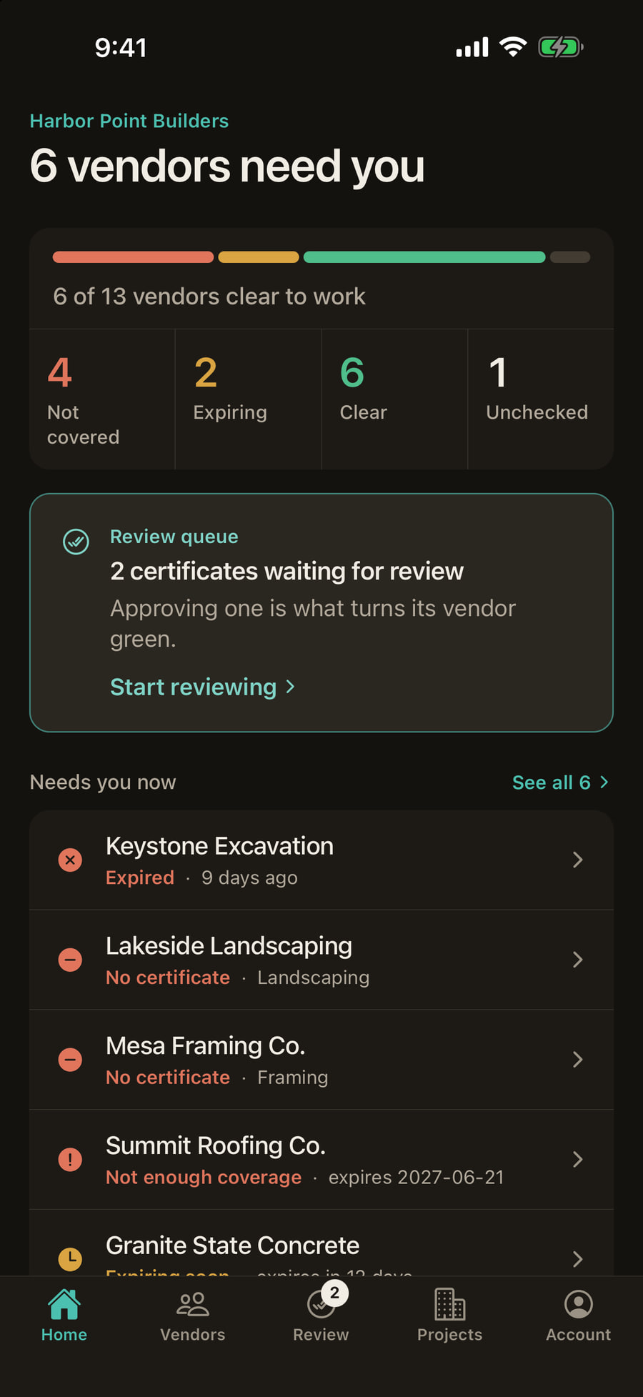 The SiteSquare phone app's home screen for a demo company: 6 of 13 vendors clear to work, 2 certificates waiting for review, and the vendors that need attention now.