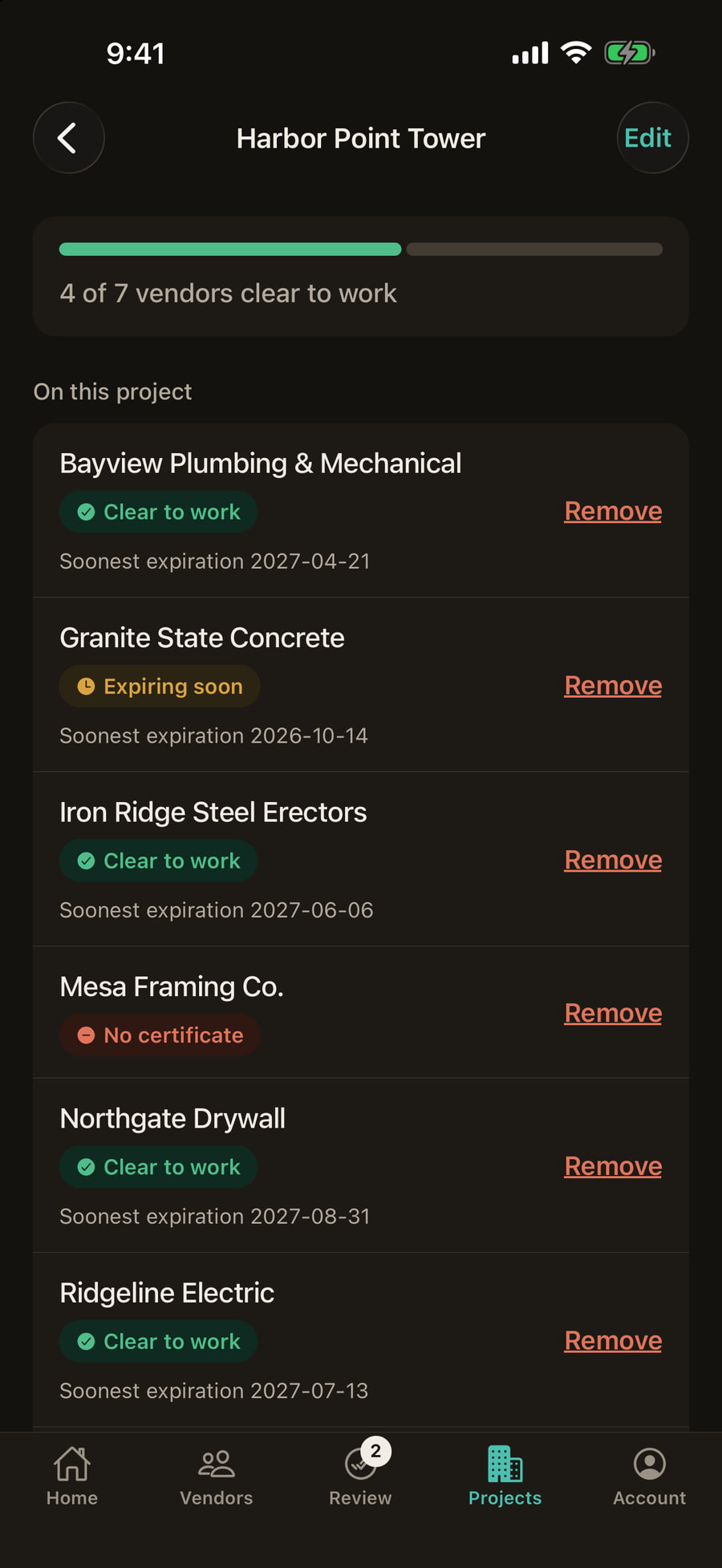 A project in the SiteSquare phone app: 4 of 7 vendors clear to work.