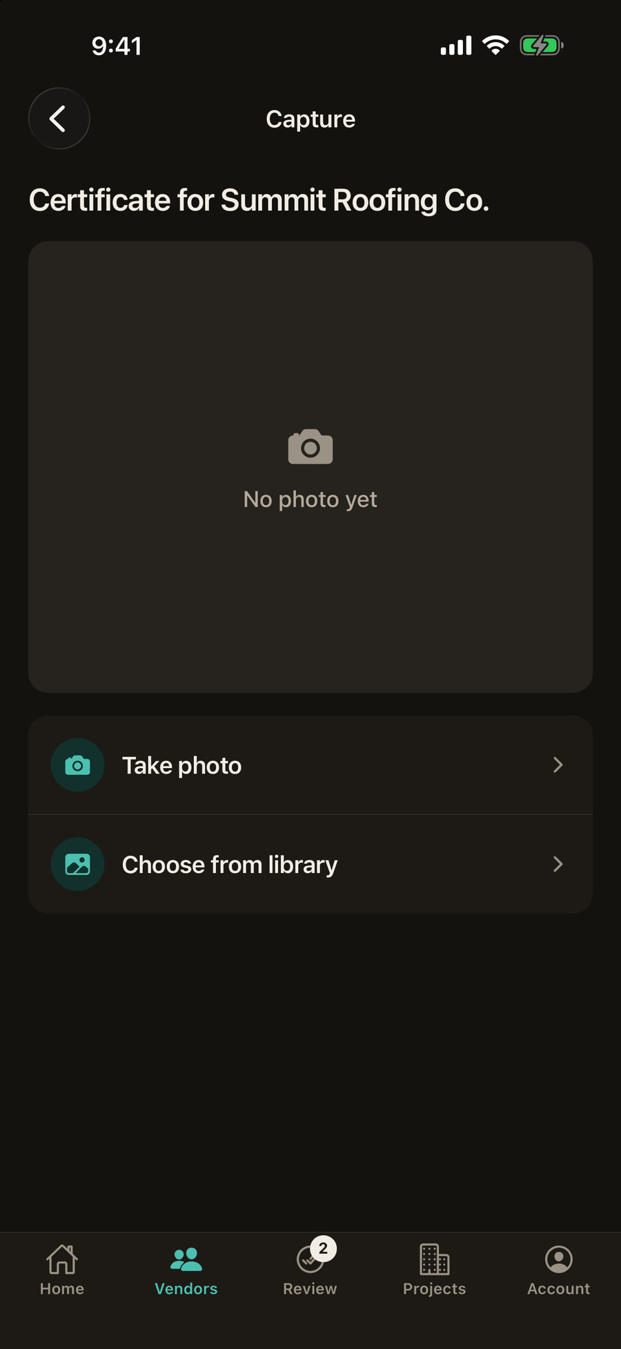 The SiteSquare phone app ready to photograph a certificate for a vendor.
