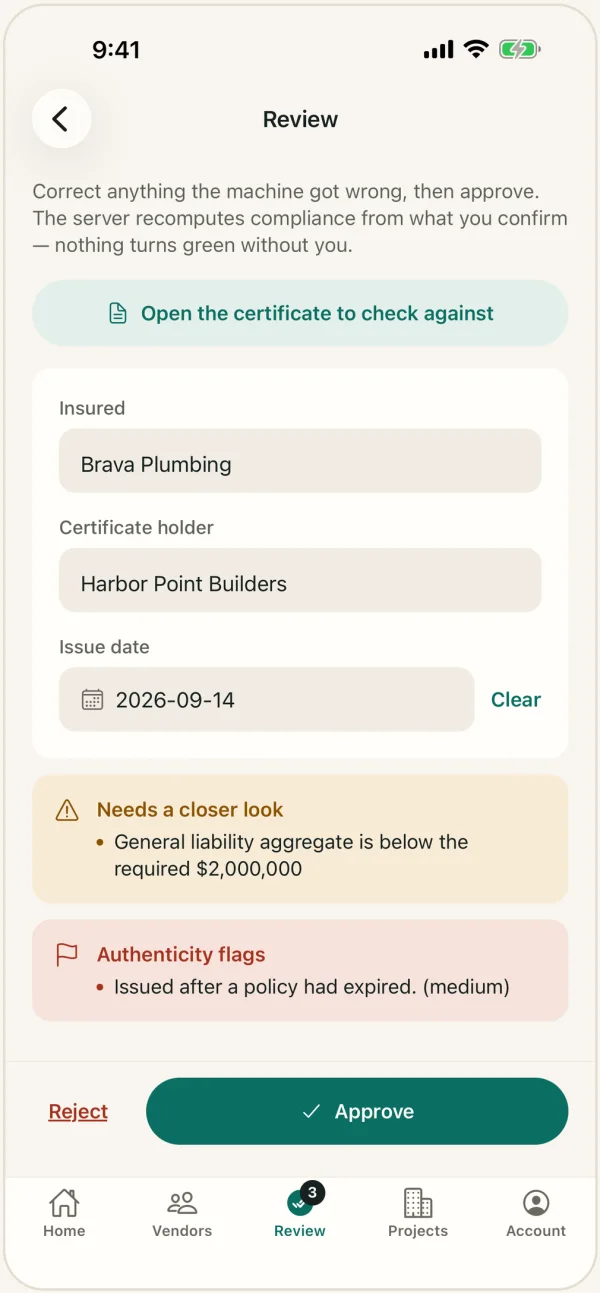 The CrewCert phone app reviewing a certificate for Brava Plumbing: it flags a general liability aggregate below the required $2,000,000 and an authenticity concern, with Approve and Reject buttons.